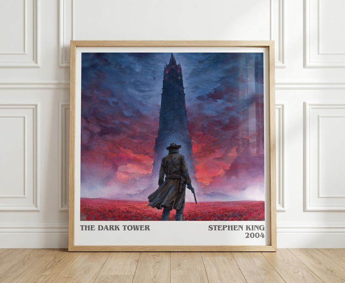 The Dark Tower literary print in frame leaning in hallway – fantasy wall art (mockup)