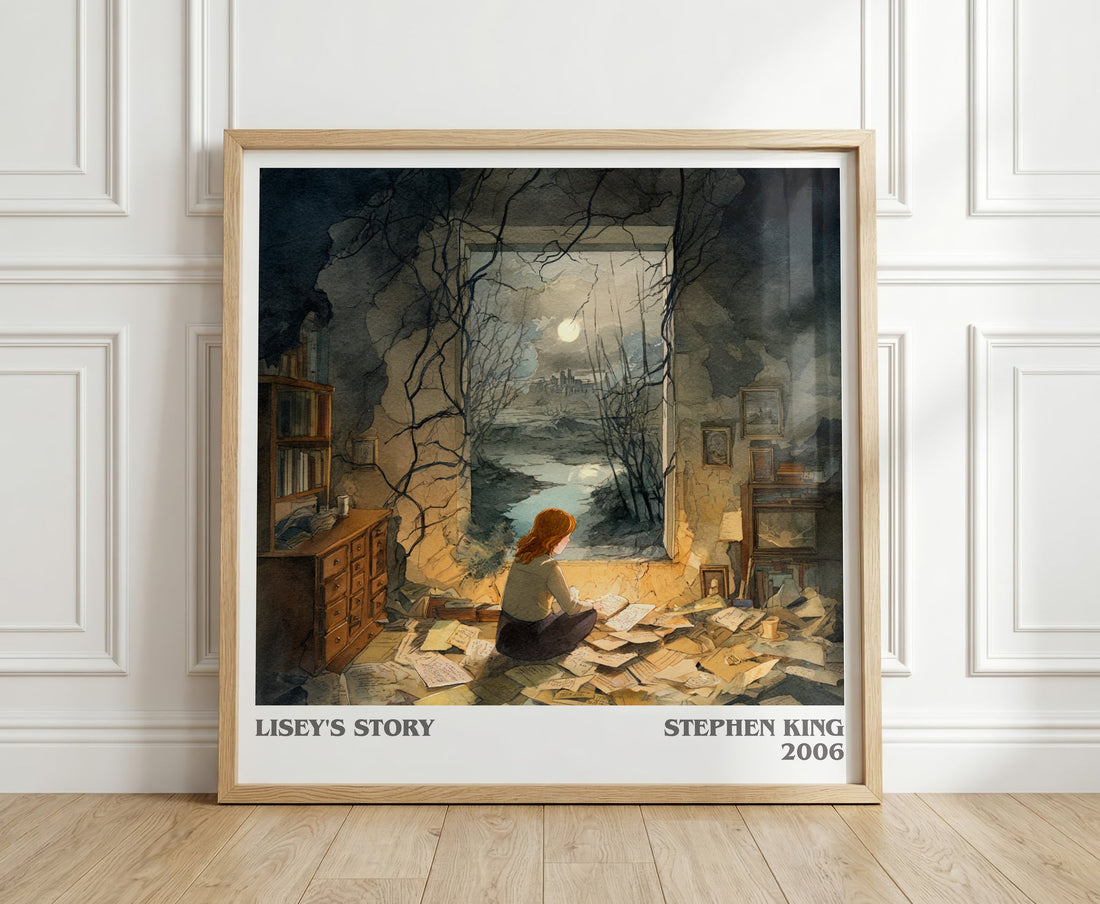 Lisey's Story literary print in frame leaning in hallway – horror wall art (mockup)