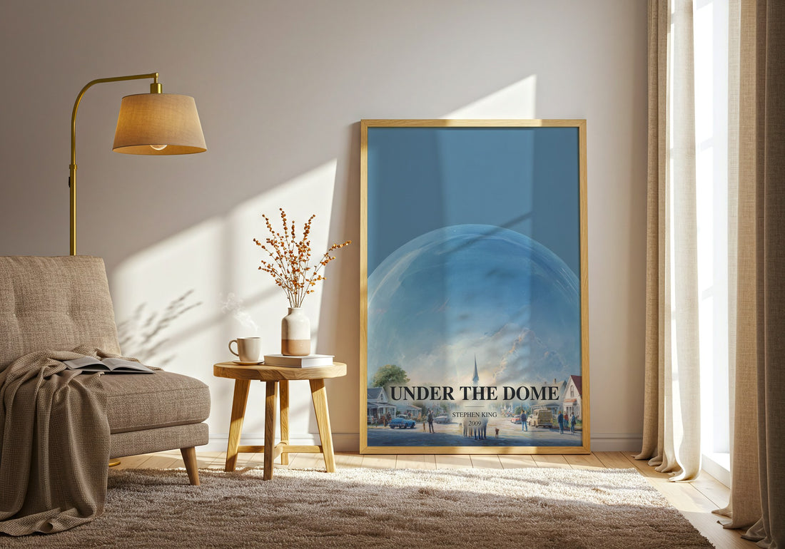 Under The Dome watercolour print in frame leaning in hallway – thriller wall art (mockup)