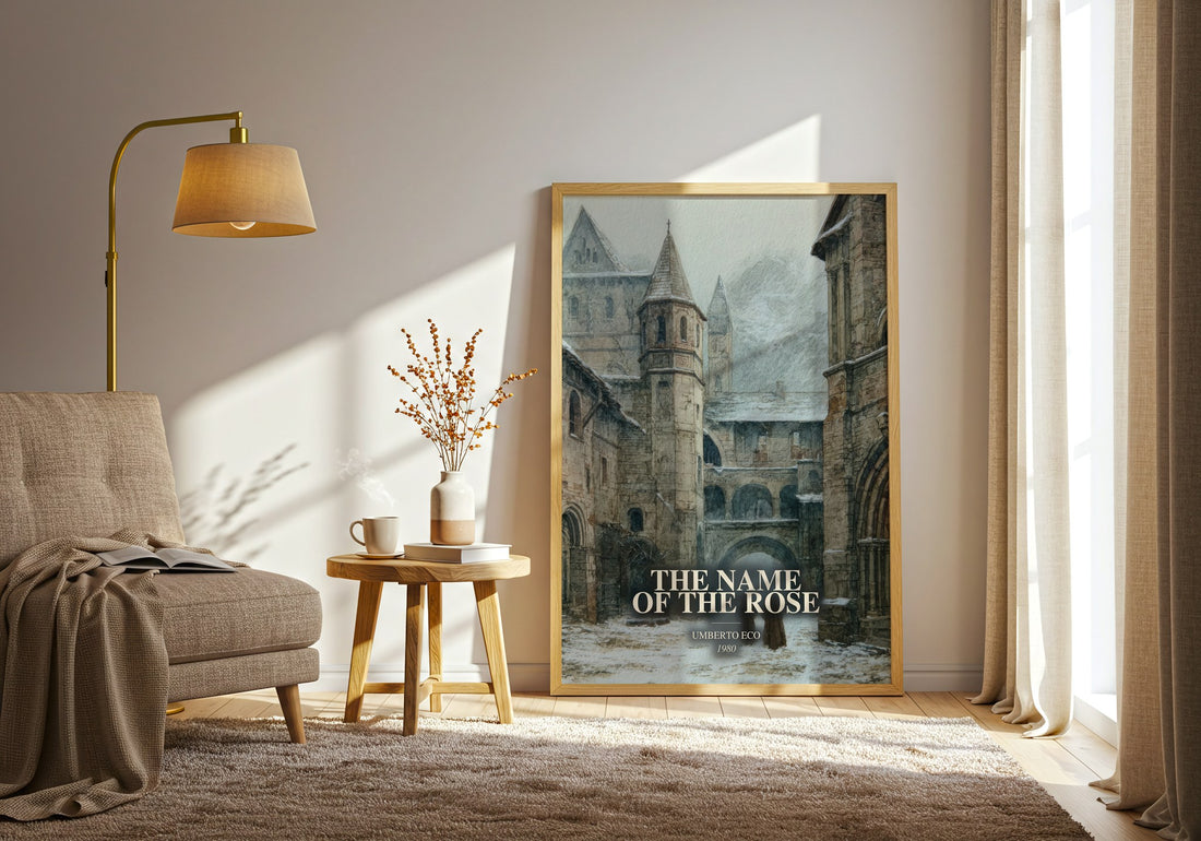 The Name Of The Rose watercolour print in frame leaning in hallway – historical fiction wall art (mockup)