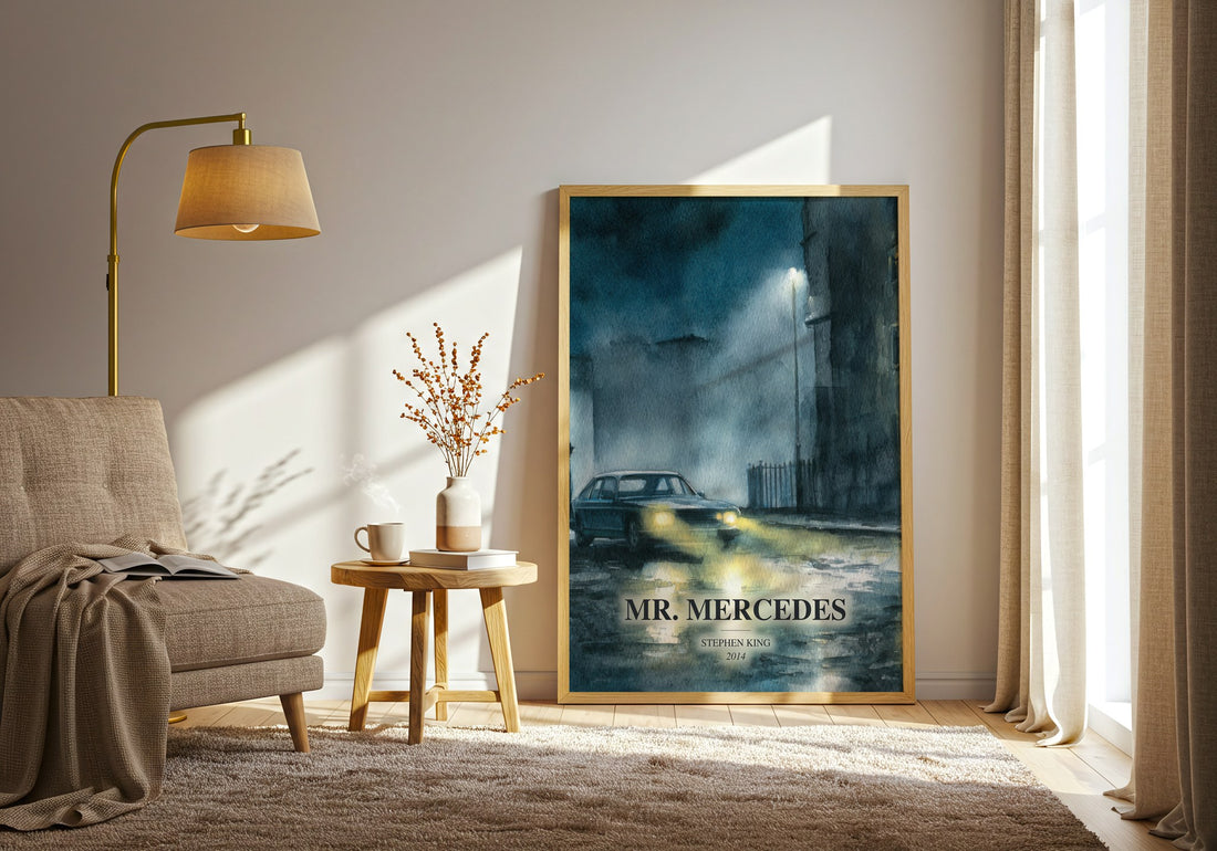 Mr. Mercedes watercolour print in frame leaning in hallway – thriller wall art (mockup)
