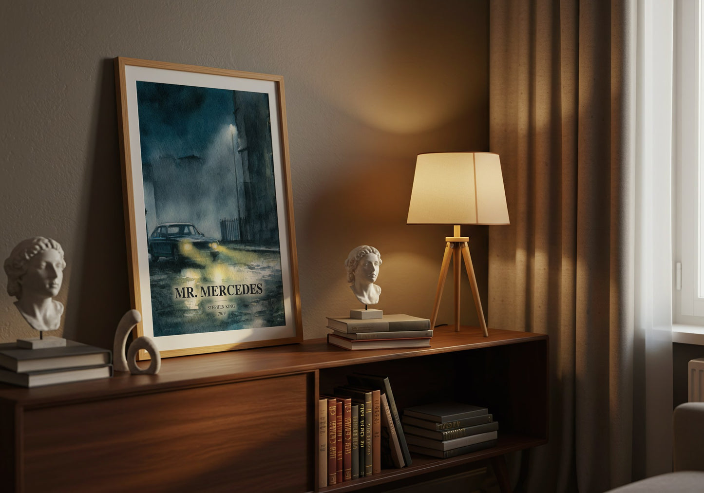 Mr. Mercedes watercolour print on bookshelf – Stephen King fan gift