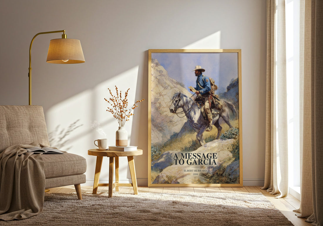 A Message To Garcia watercolour print in frame leaning in hallway – non fiction wall art (mockup)