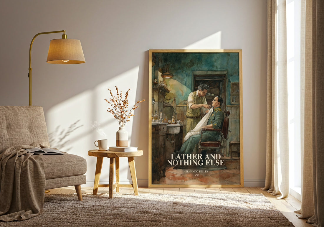 Lather And Nothing Else watercolour print in frame leaning in hallway – literary fiction wall art (mockup)
