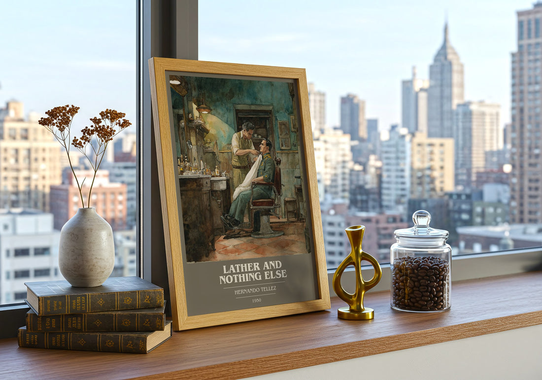 Lather And Nothing Else Book Cover Poster by Hernando Tellez – framed print on a city-view windowsill