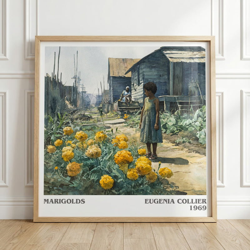 Marigolds literary print in frame leaning in hallway – literary fiction wall art
