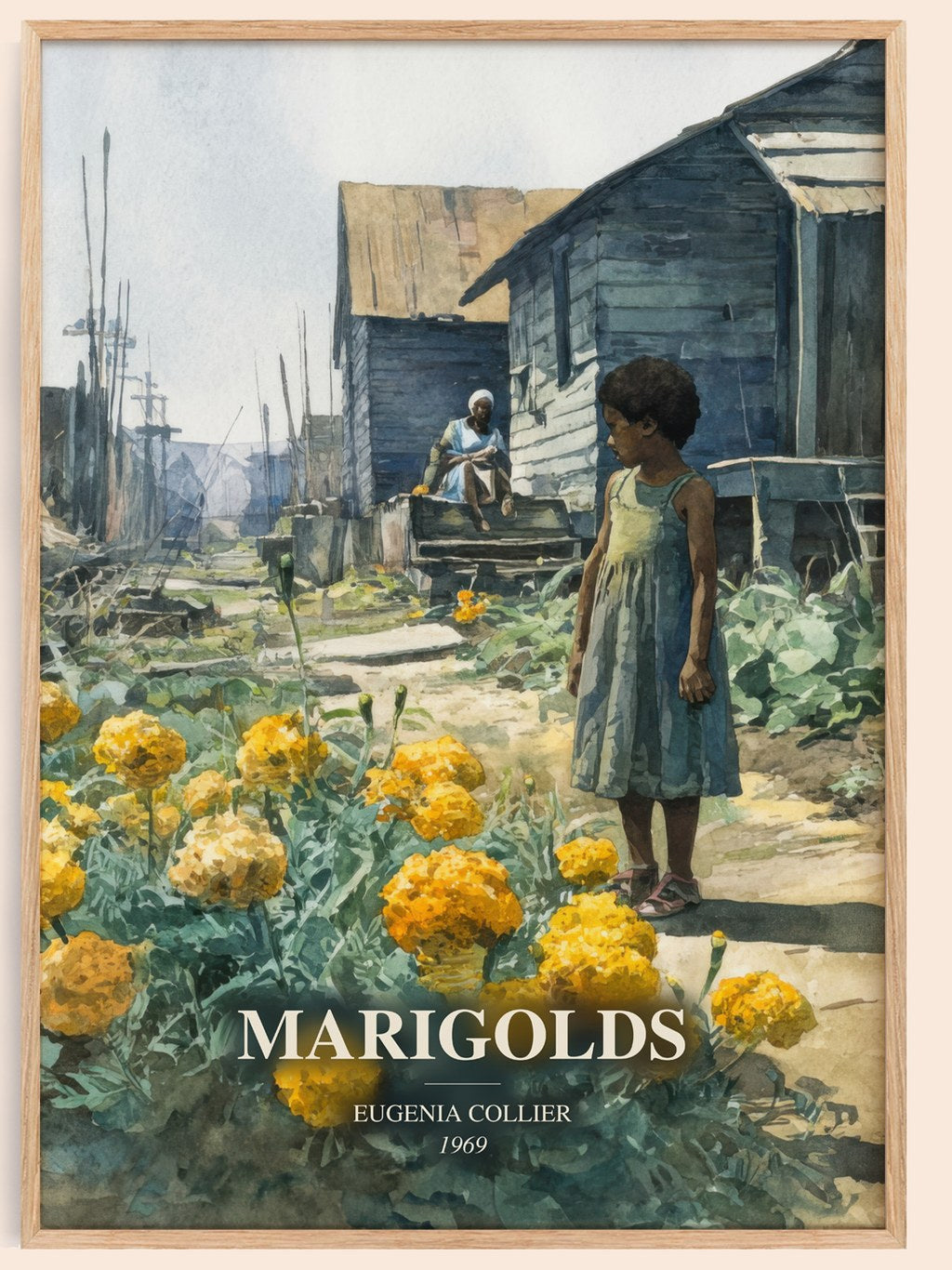 Marigolds watercolour book poster by Eugenia Collier – framed literary art print