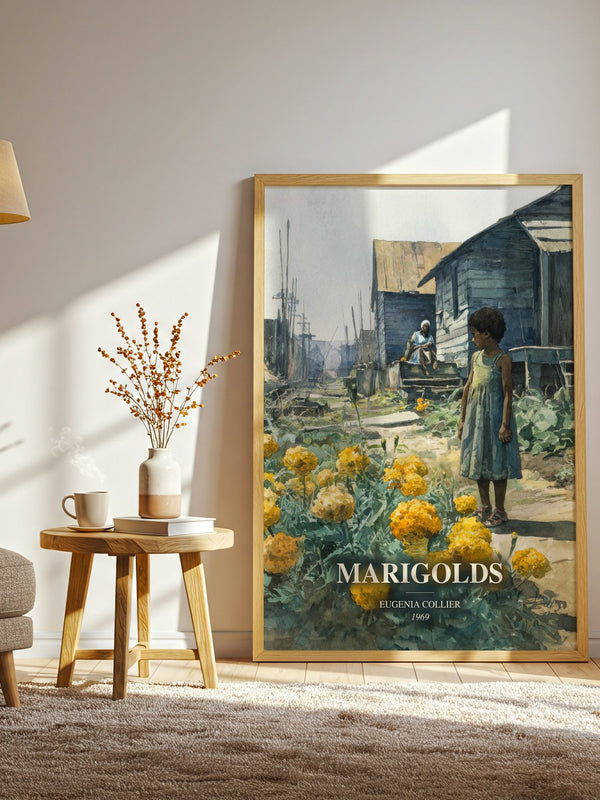 Marigolds watercolour print in frame leaning in hallway – literary fiction wall art