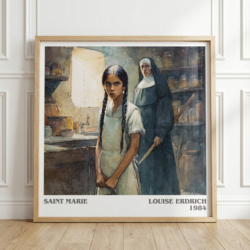 Saint Marie literary print in frame leaning in hallway – literary fiction wall art