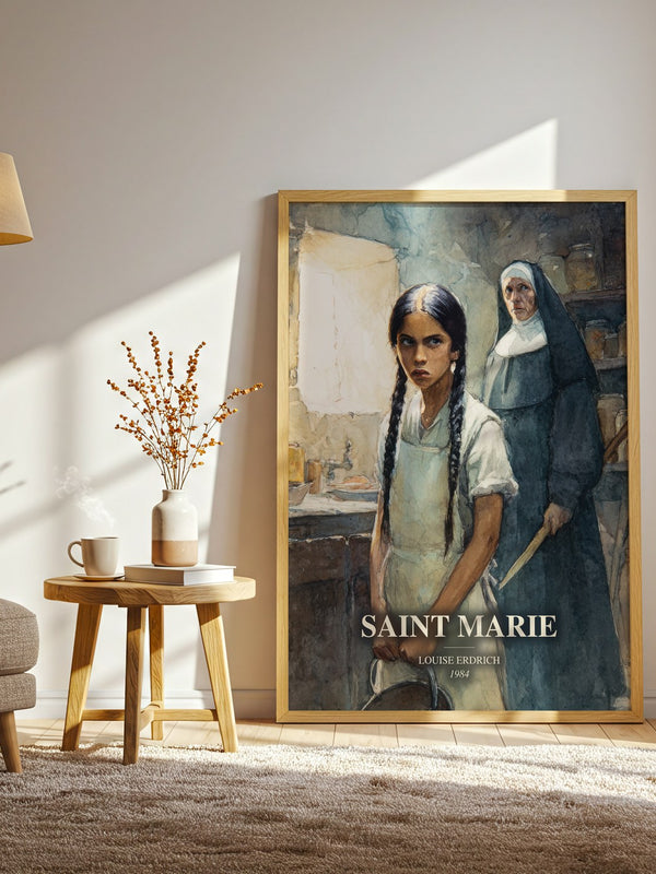 Saint Marie watercolour print in frame leaning in hallway – literary fiction wall art