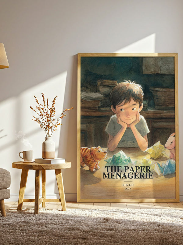 The Paper Menagerie watercolour print in frame leaning in hallway – sci fi wall art