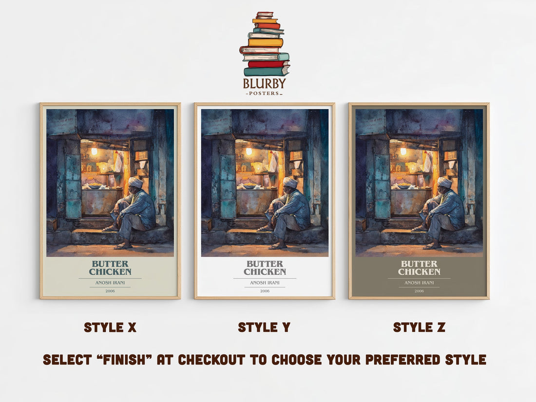 Butter Chicken book cover print in frame leaning in hallway – literary fiction wall art (mockup)