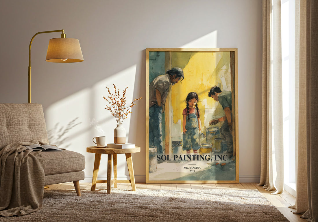 Sol Painting, Inc watercolour print in frame leaning in hallway – young adult wall art (mockup)