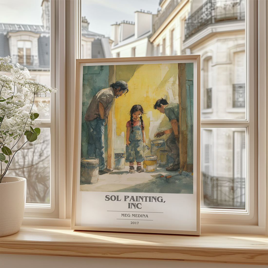 Sol Painting, Inc Book Cover Poster by Meg Madina – framed print by a bright window