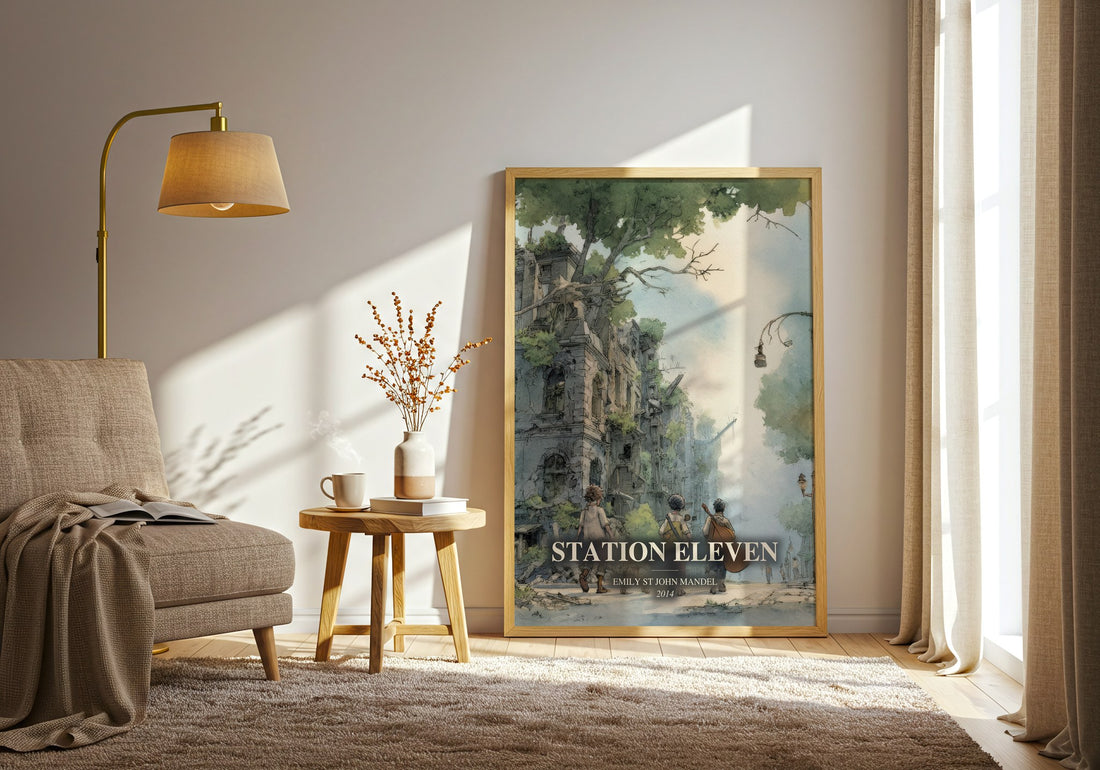 Station Eleven watercolour print in frame leaning in hallway – dystopian wall art (mockup)