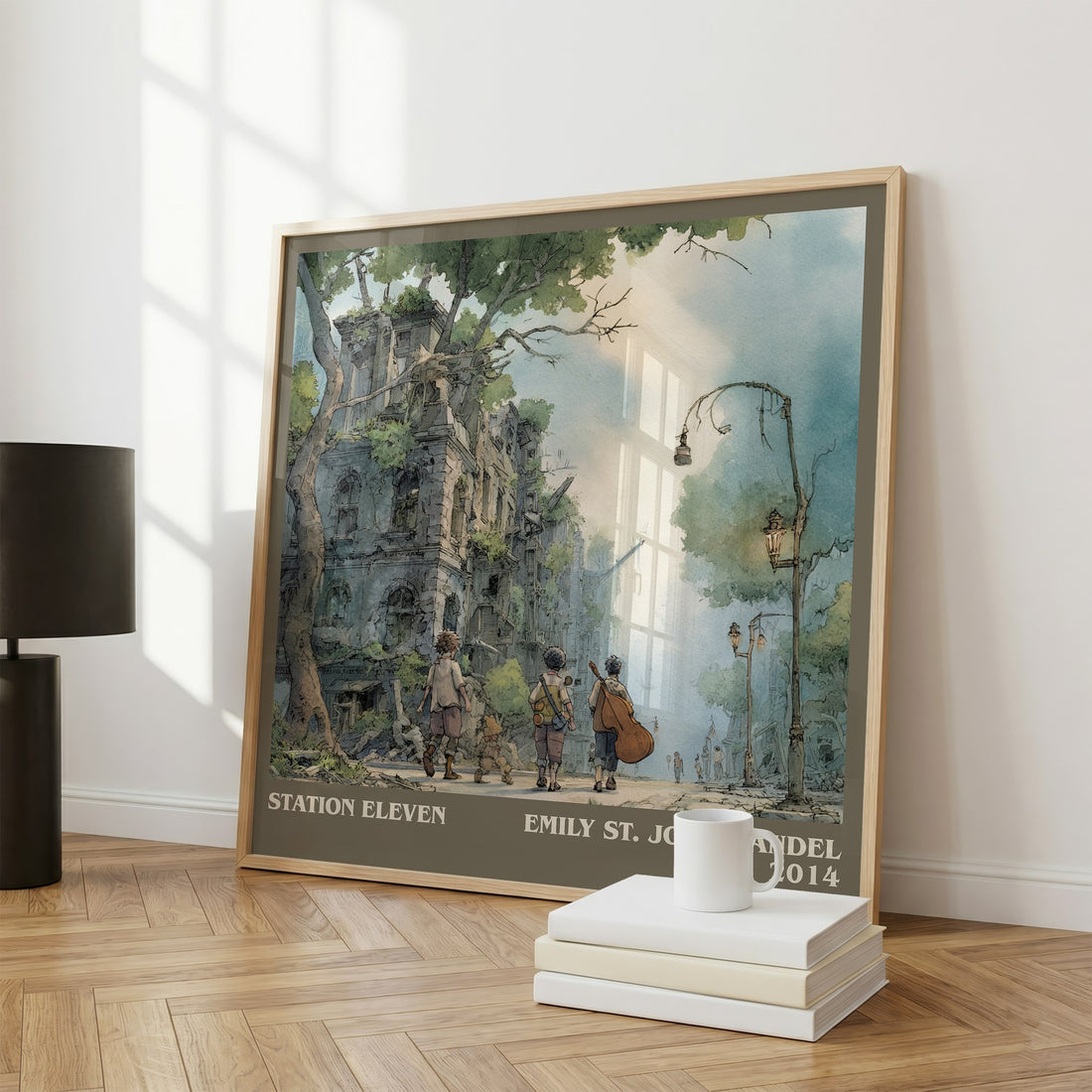 Station Eleven Literary Art Print by Emily St John Mandel – large square framed print leaning against a wall