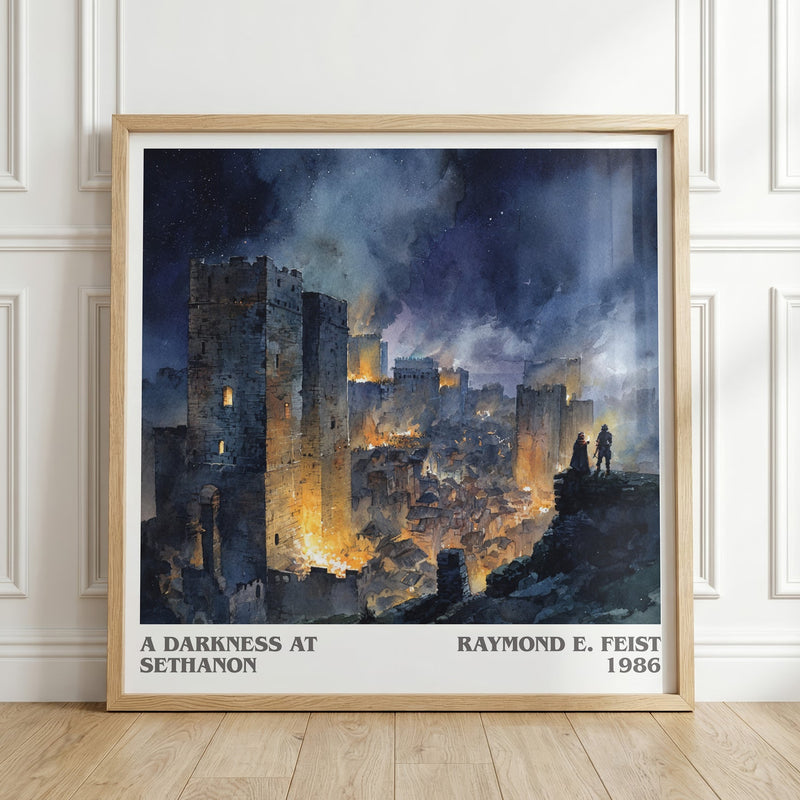 A Darkness at Sethanon literary print in frame leaning in hallway – fantasy wall art
