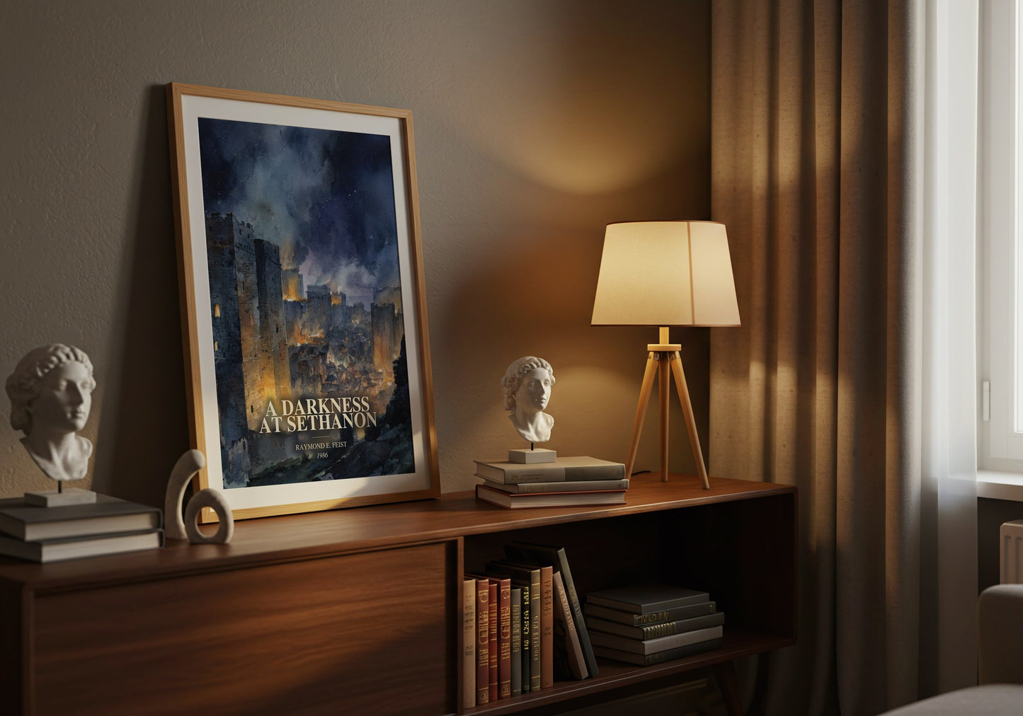 A Darkness At Sethanon watercolour print on bookshelf – Raymond E. Feist fan gift