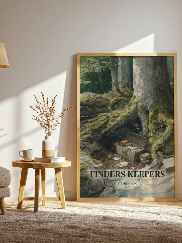 Finders Keepers watercolour print in frame leaning in hallway – thriller wall art
