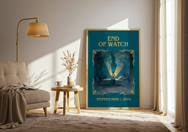 End of Watch classic book art print in frame leaning in hallway – horror wall art