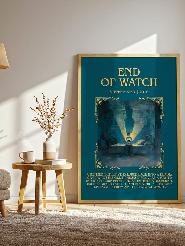 End of Watch minimalist print in frame leaning in hallway – horror wall art