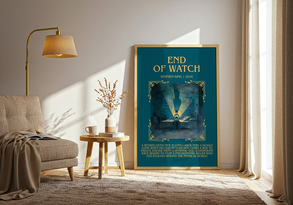 End of Watch minimalist print in frame leaning in hallway – horror wall art