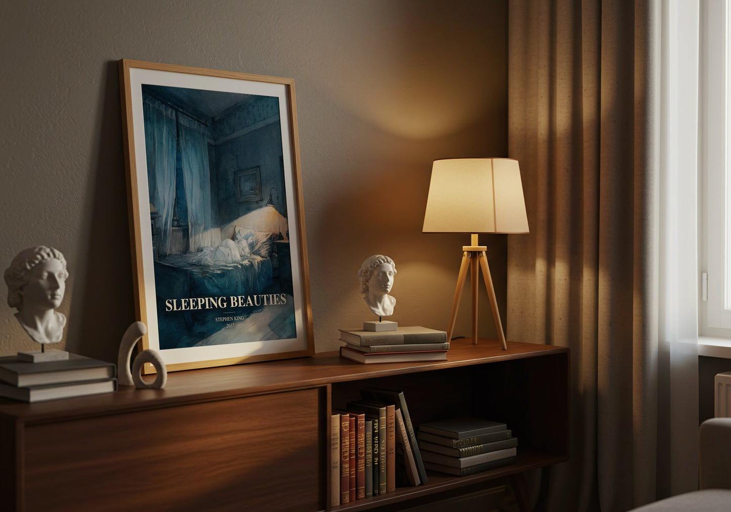 Sleeping Beauties watercolour print on bookshelf – Stephen King fan gift