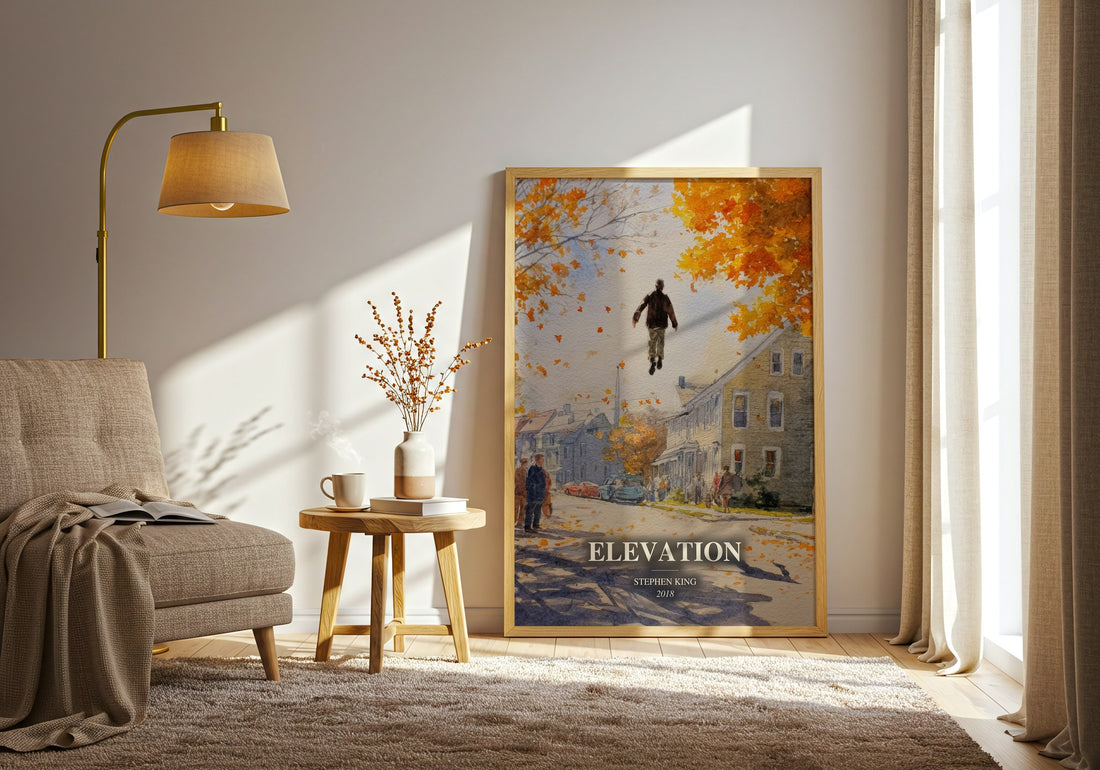 Elevation watercolour print in frame leaning in hallway – literary fiction wall art (mockup)
