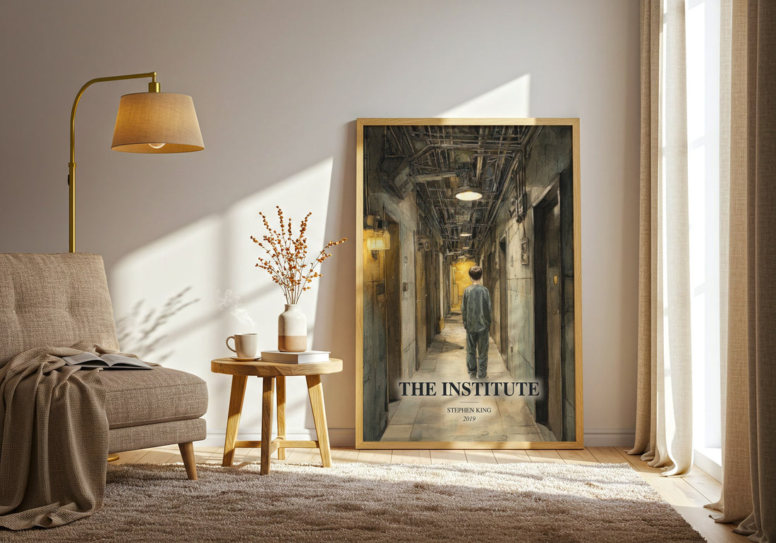 The Institute watercolour print in frame leaning in hallway – horror wall art (mockup)