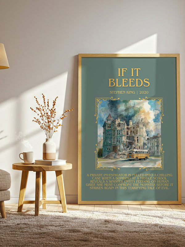 If It Bleeds minimalist print in frame leaning in hallway – horror wall art