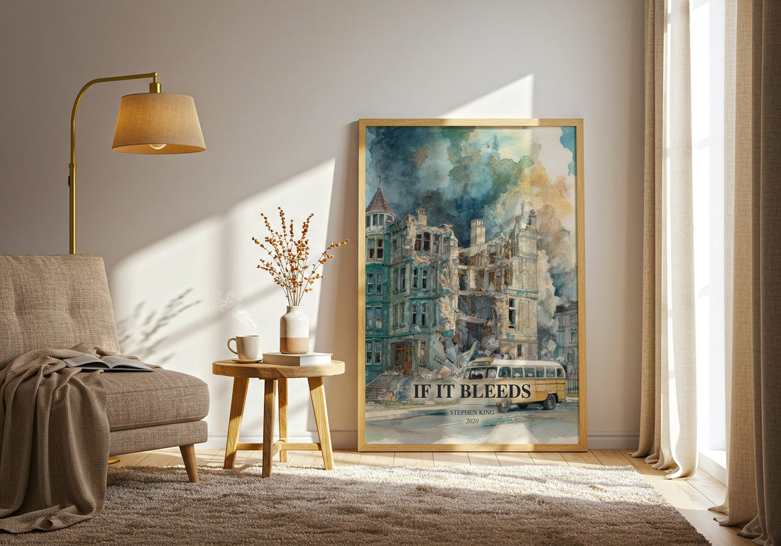 If It Bleeds watercolour print in frame leaning in hallway – horror wall art (mockup)