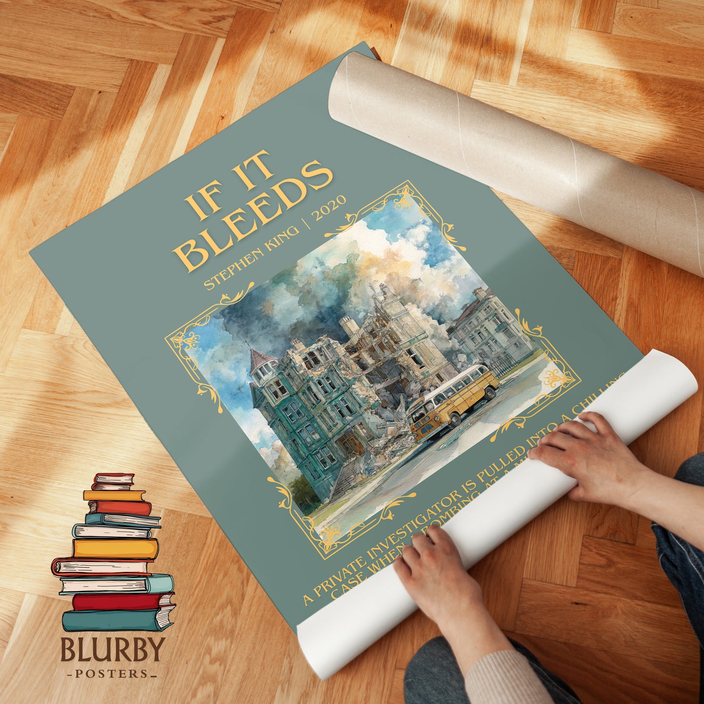 If It Bleeds minimalist print on bookshelf – Stephen King fan gift
