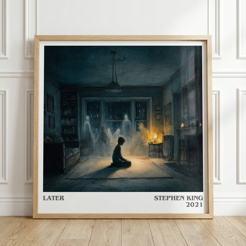 Later literary print in frame leaning in hallway – horror wall art