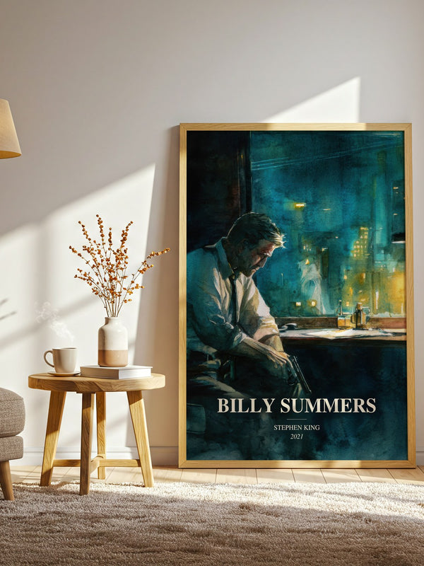 Billy Summers watercolour print in frame leaning in hallway – thriller wall art