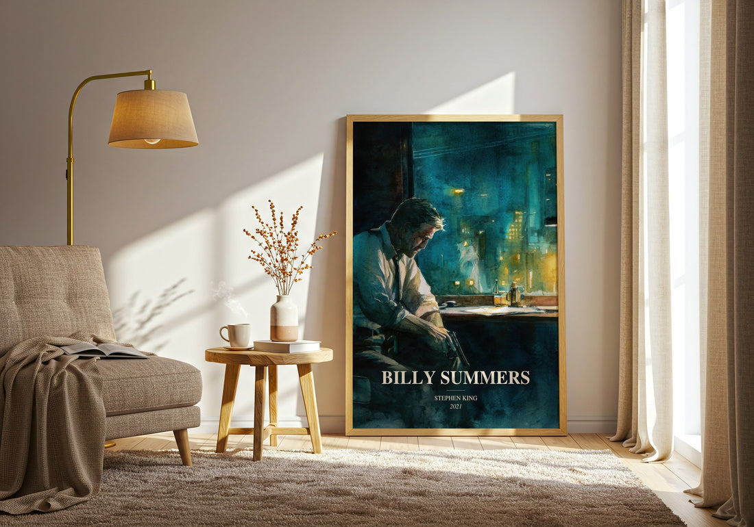 Billy Summers watercolour print in frame leaning in hallway – thriller wall art (mockup)