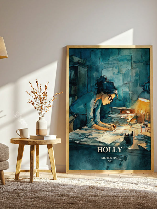 Holly watercolour print in frame leaning in hallway – horror wall art