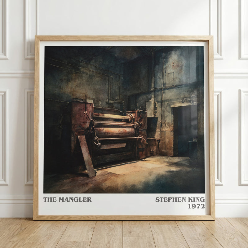 The Mangler literary print in frame leaning in hallway – horror wall art