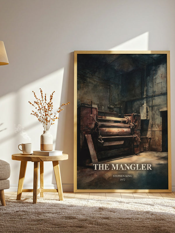 The Mangler watercolour print in frame leaning in hallway – horror wall art