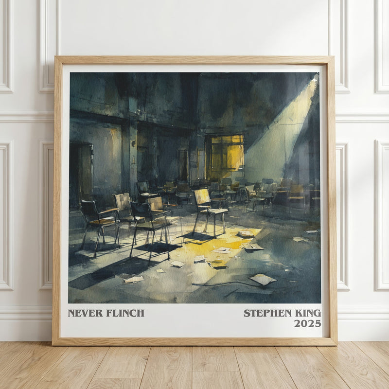 Never Flinch literary print in frame leaning in hallway – thriller wall art