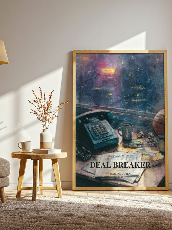 Deal Breaker watercolour print in frame leaning in hallway – thriller wall art
