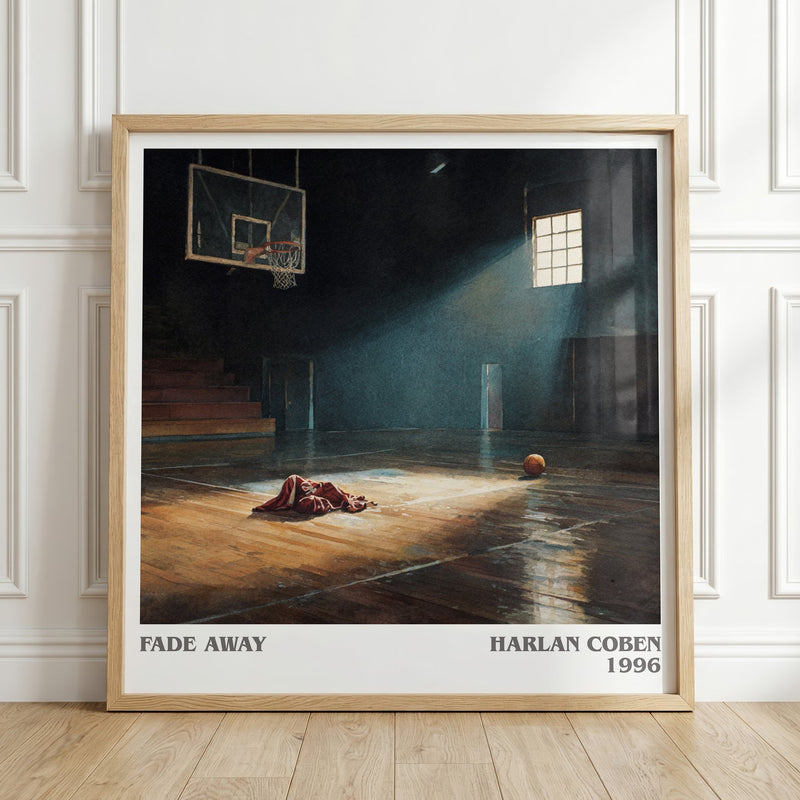 Fade Away literary print in frame leaning in hallway – mystery wall art