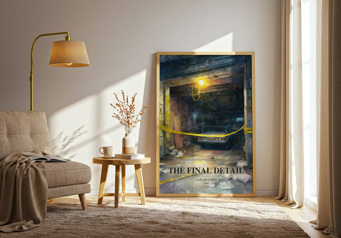 The Final Detail watercolour print in frame leaning in hallway – thriller wall art (mockup)