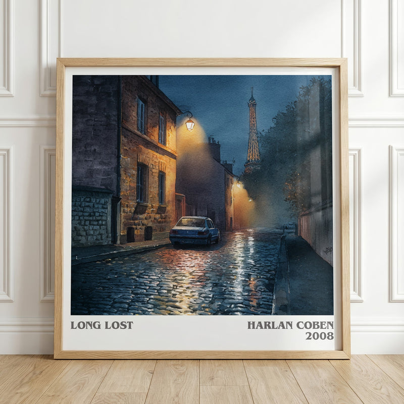 Long Lost literary print in frame leaning in hallway – thriller wall art