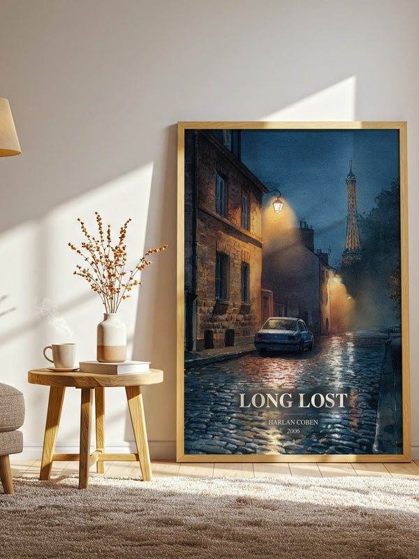 Long Lost watercolour print in frame leaning in hallway – thriller wall art