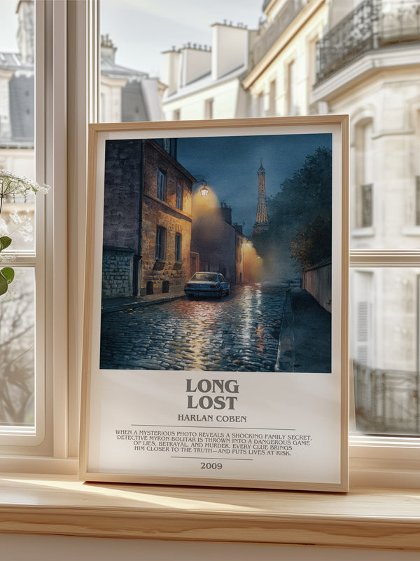Long Lost Bookish Wall Art by Harlan Coben – framed print by a bright window