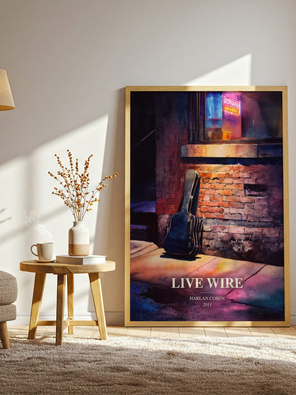 Live Wire watercolour print in frame leaning in hallway – thriller wall art