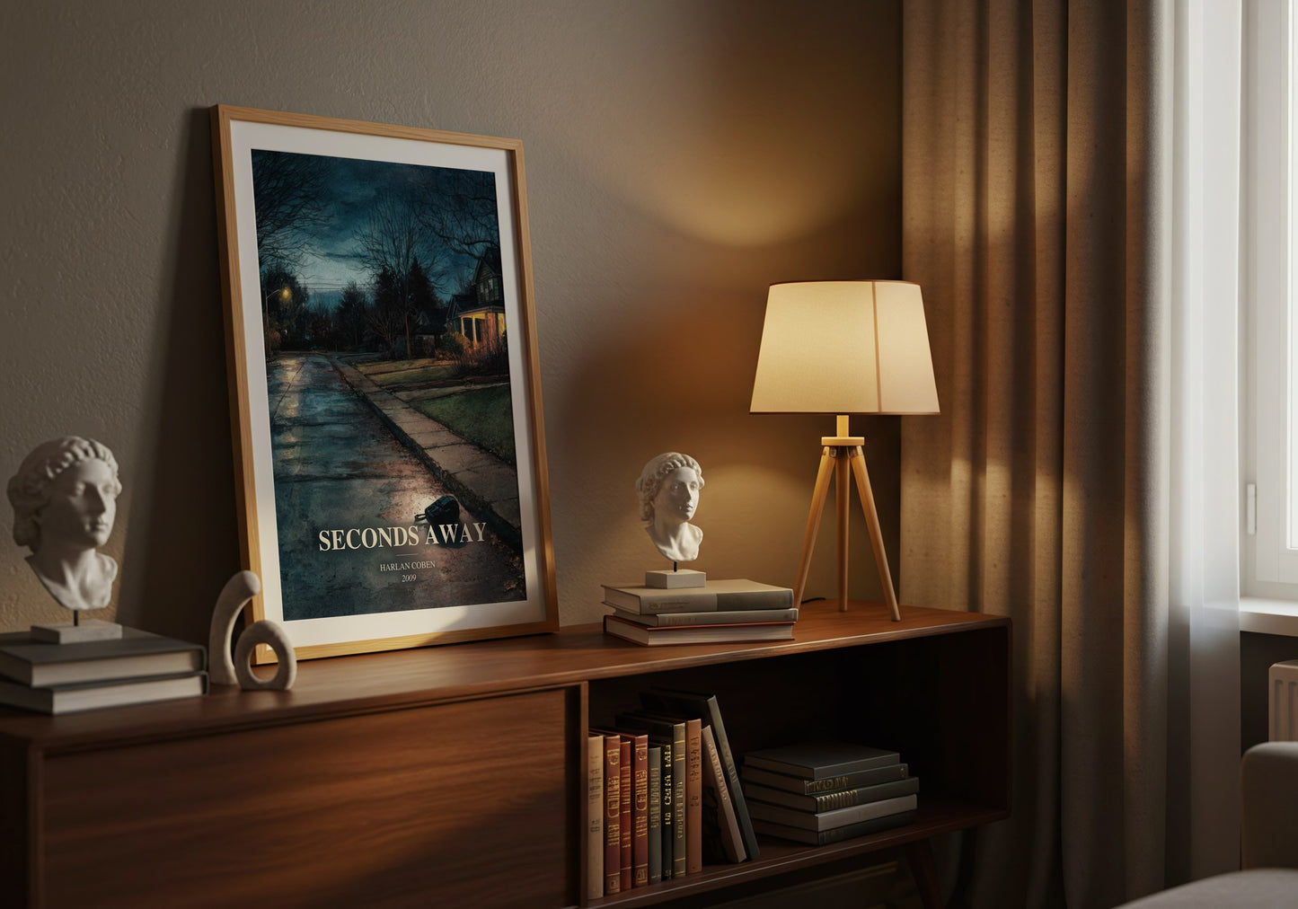 Seconds Away watercolour print on bookshelf – Harlan Coben fan gift