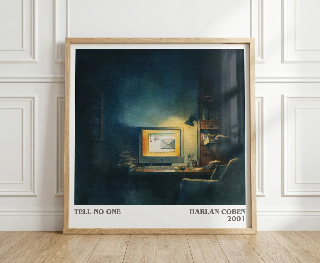 Tell No One literary print in frame leaning in hallway – thriller wall art (mockup)