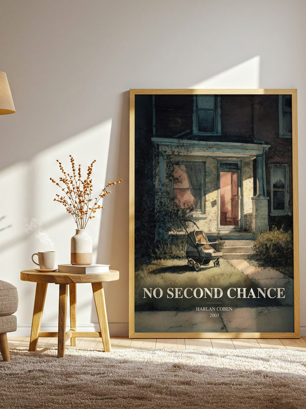 No Second Chance watercolour print in frame leaning in hallway – thriller wall art