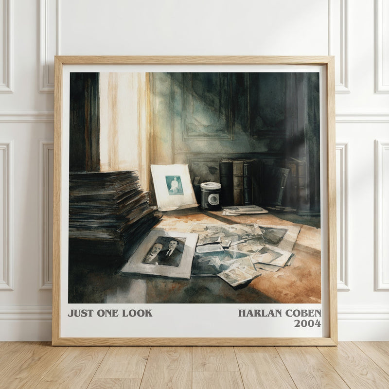 Just One Look literary print in frame leaning in hallway – thriller wall art
